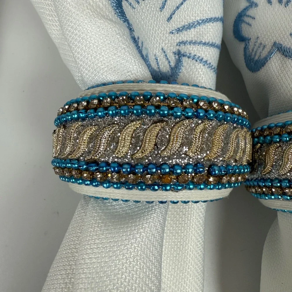 Embroidered Seashell Napkins with Jeweled Napkin Rings - Set of 4‎
